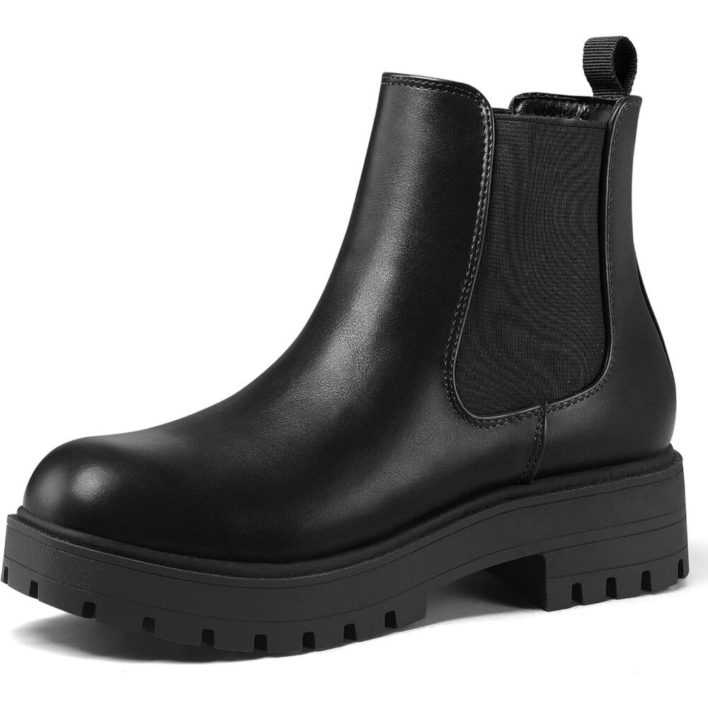 Women's Black Chelsea Low Chunky Heel Slip On Lug Sole Elastic Ankle Booties